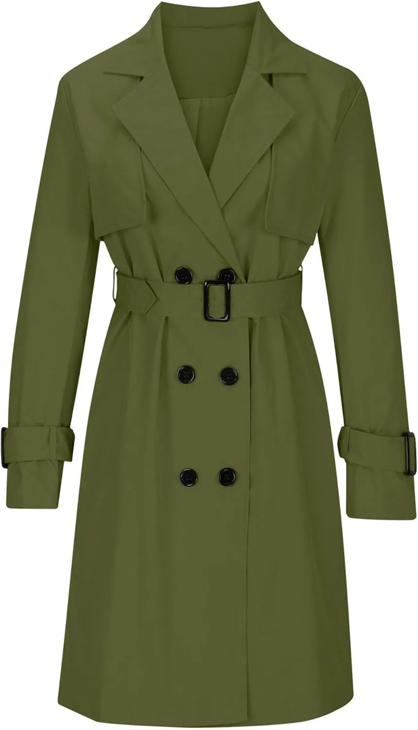 Womens Double Breasted Lapel Solid Color Windbreaker Long Trench Coat Jacket Simple Fashion Pea Coat with Belt