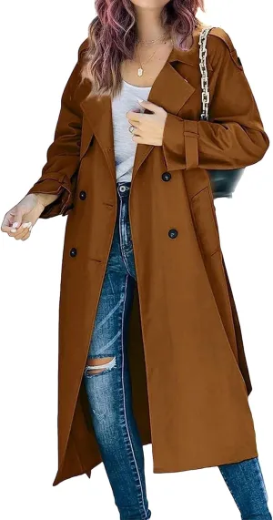 Womens Double Breasted Lapel Solid Color Windbreaker Long Trench Coat Jacket Simple Fashion Pea Coat with Belt