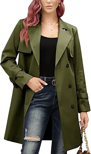 Womens Double Breasted Lapel Solid Color Windbreaker Long Trench Coat Jacket Simple Fashion Pea Coat with Belt