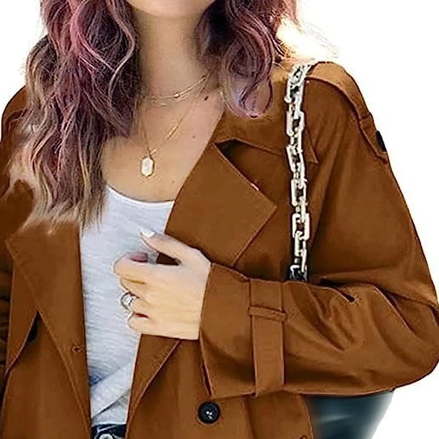 Womens Double Breasted Lapel Solid Color Windbreaker Long Trench Coat Jacket Simple Fashion Pea Coat with Belt
