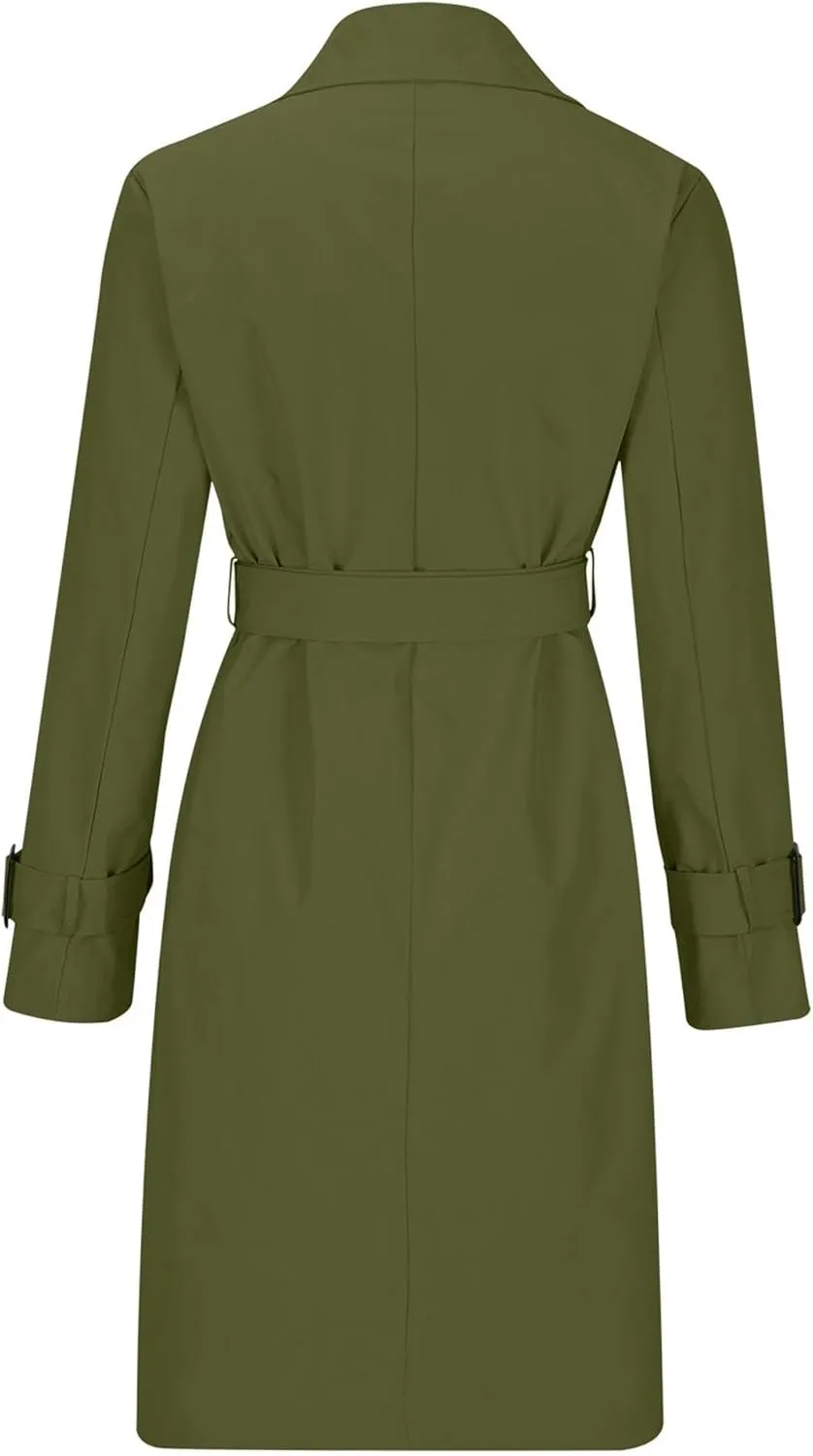 Womens Double Breasted Lapel Solid Color Windbreaker Long Trench Coat Jacket Simple Fashion Pea Coat with Belt
