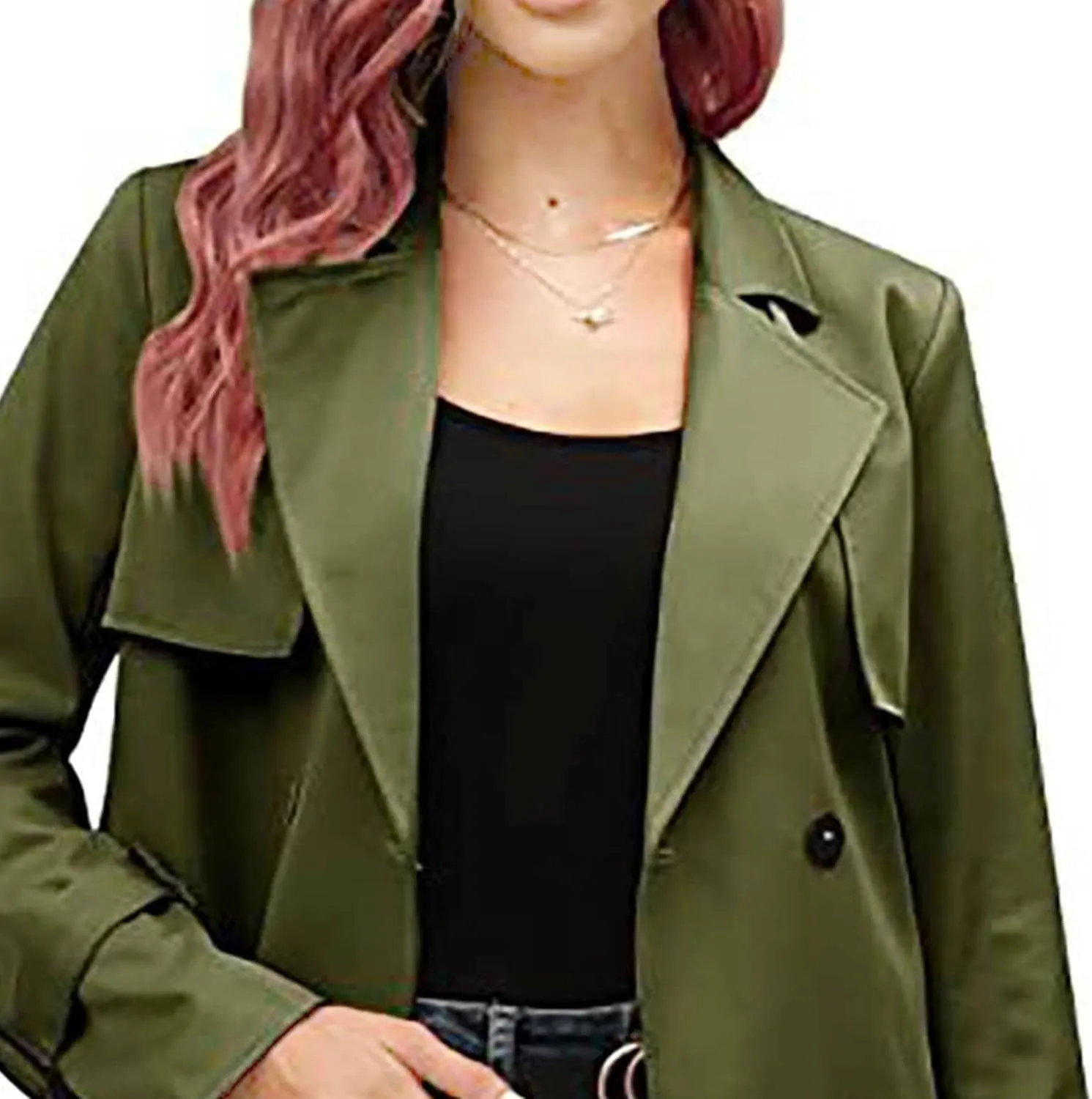 Womens Double Breasted Lapel Solid Color Windbreaker Long Trench Coat Jacket Simple Fashion Pea Coat with Belt