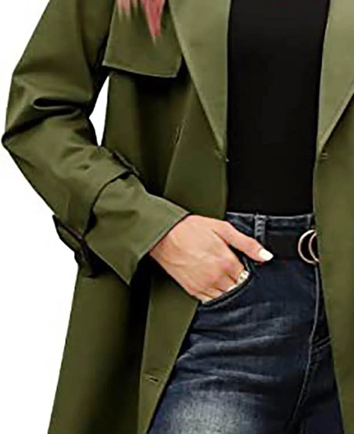Womens Double Breasted Lapel Solid Color Windbreaker Long Trench Coat Jacket Simple Fashion Pea Coat with Belt