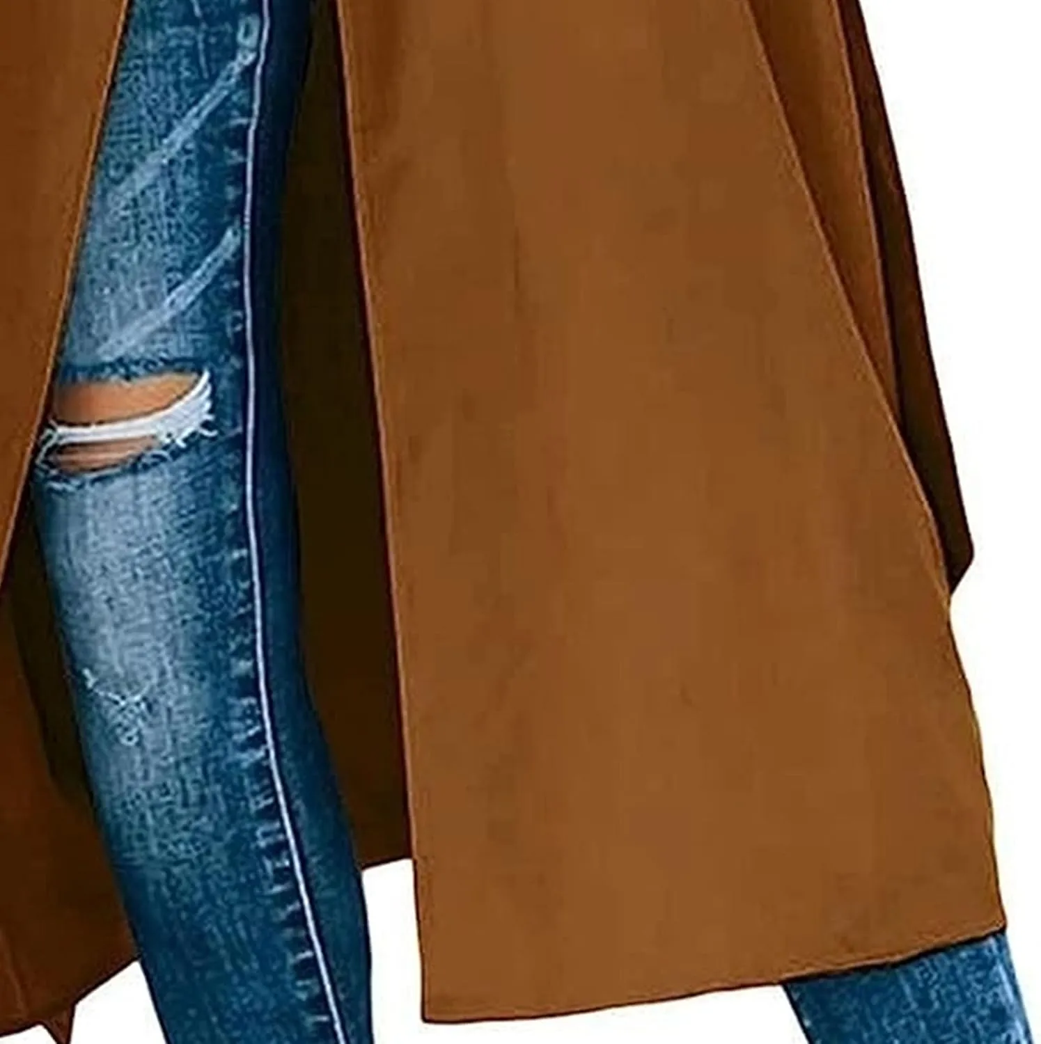 Womens Double Breasted Lapel Solid Color Windbreaker Long Trench Coat Jacket Simple Fashion Pea Coat with Belt