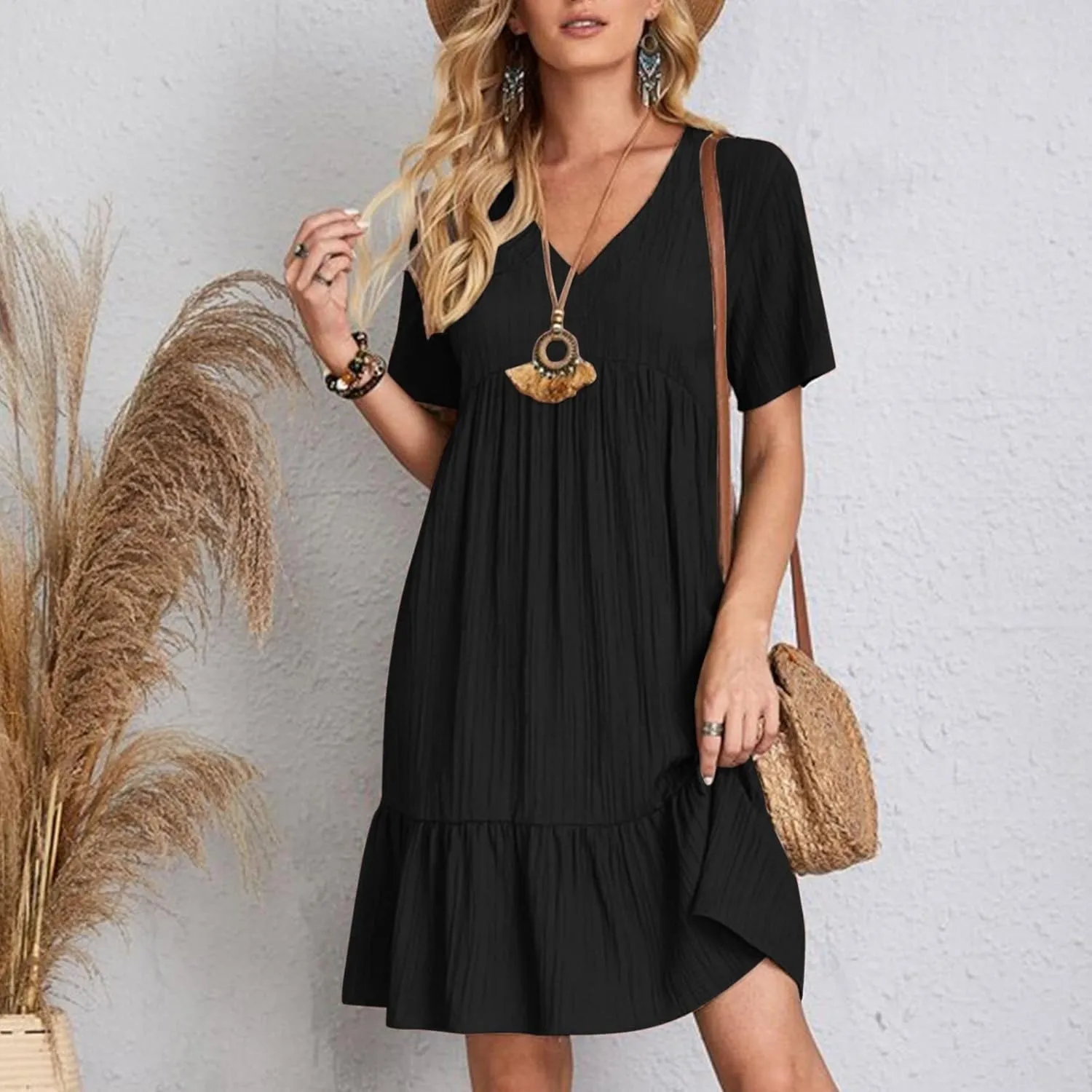 Womens Dresses Fashion Summer V Neck Half Sleeve Bohemian Floral Pattern Maxi Long Dresses Boho Flowy Dresses