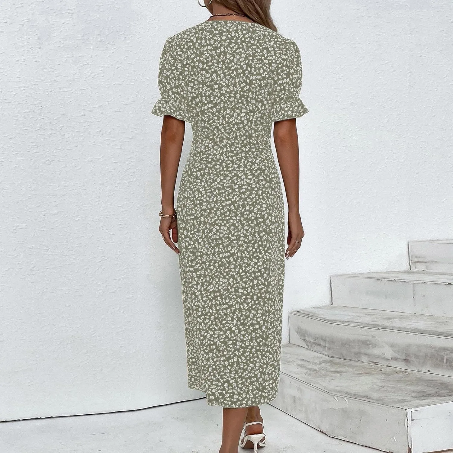 Womens Dresses Summer Wrap Midi Dresses for Women Puff Sleeve Summer Dresses Casual Loose Floor Length