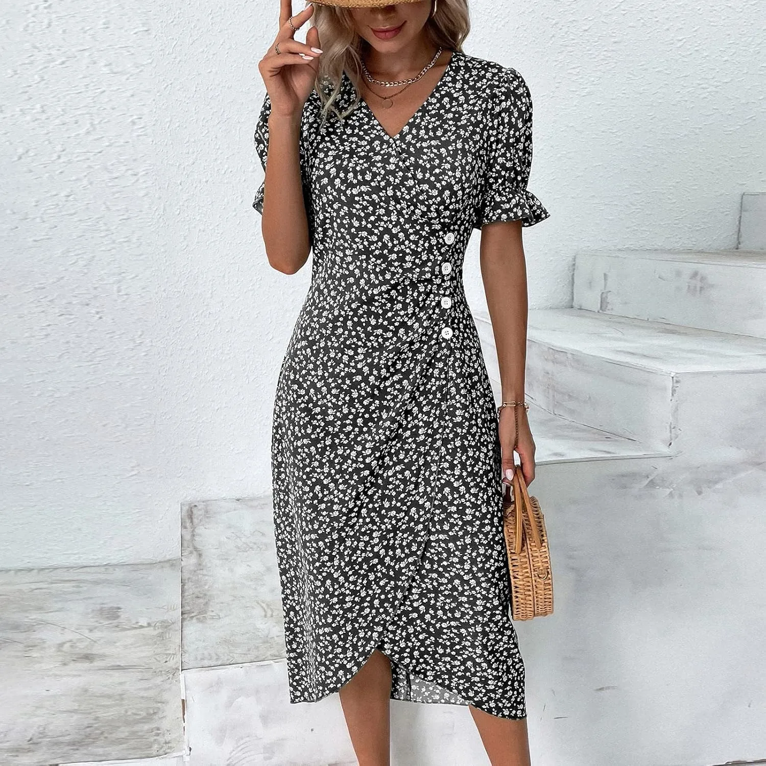 Womens Dresses Summer Wrap Midi Dresses for Women Puff Sleeve Summer Dresses Casual Loose Floor Length