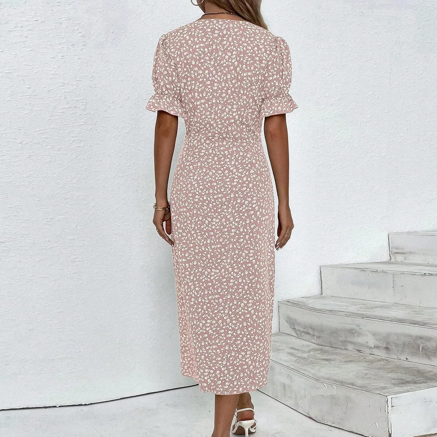 Womens Dresses Summer Wrap Midi Dresses for Women Puff Sleeve Summer Dresses Casual Loose Floor Length