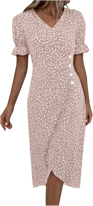 Womens Dresses Summer Wrap Midi Dresses for Women Puff Sleeve Summer Dresses Casual Loose Floor Length