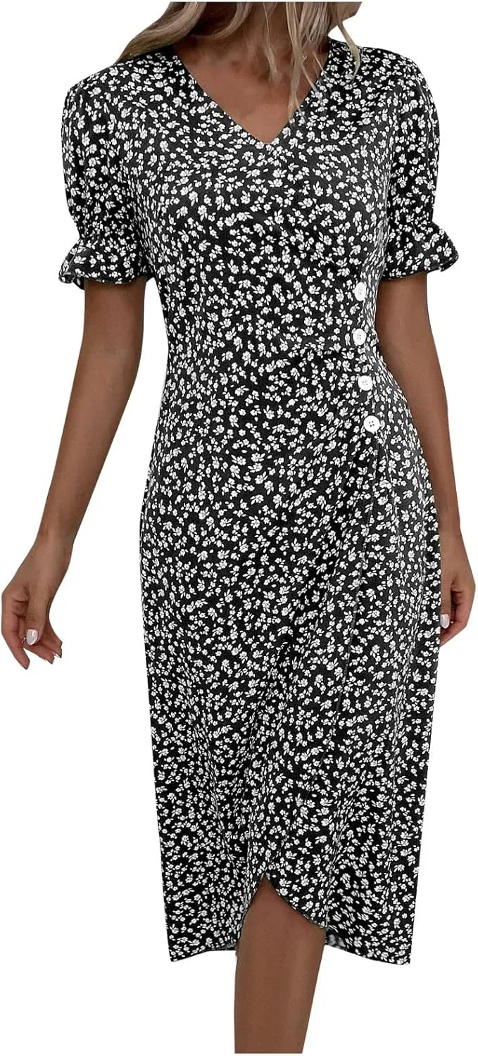 Womens Dresses Summer Wrap Midi Dresses for Women Puff Sleeve Summer Dresses Casual Loose Floor Length