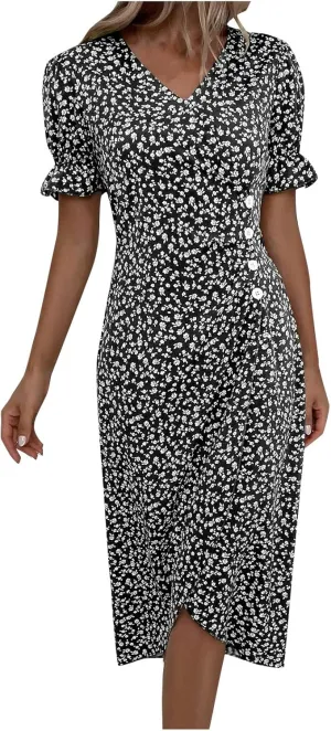 Womens Dresses Summer Wrap Midi Dresses for Women Puff Sleeve Summer Dresses Casual Loose Floor Length