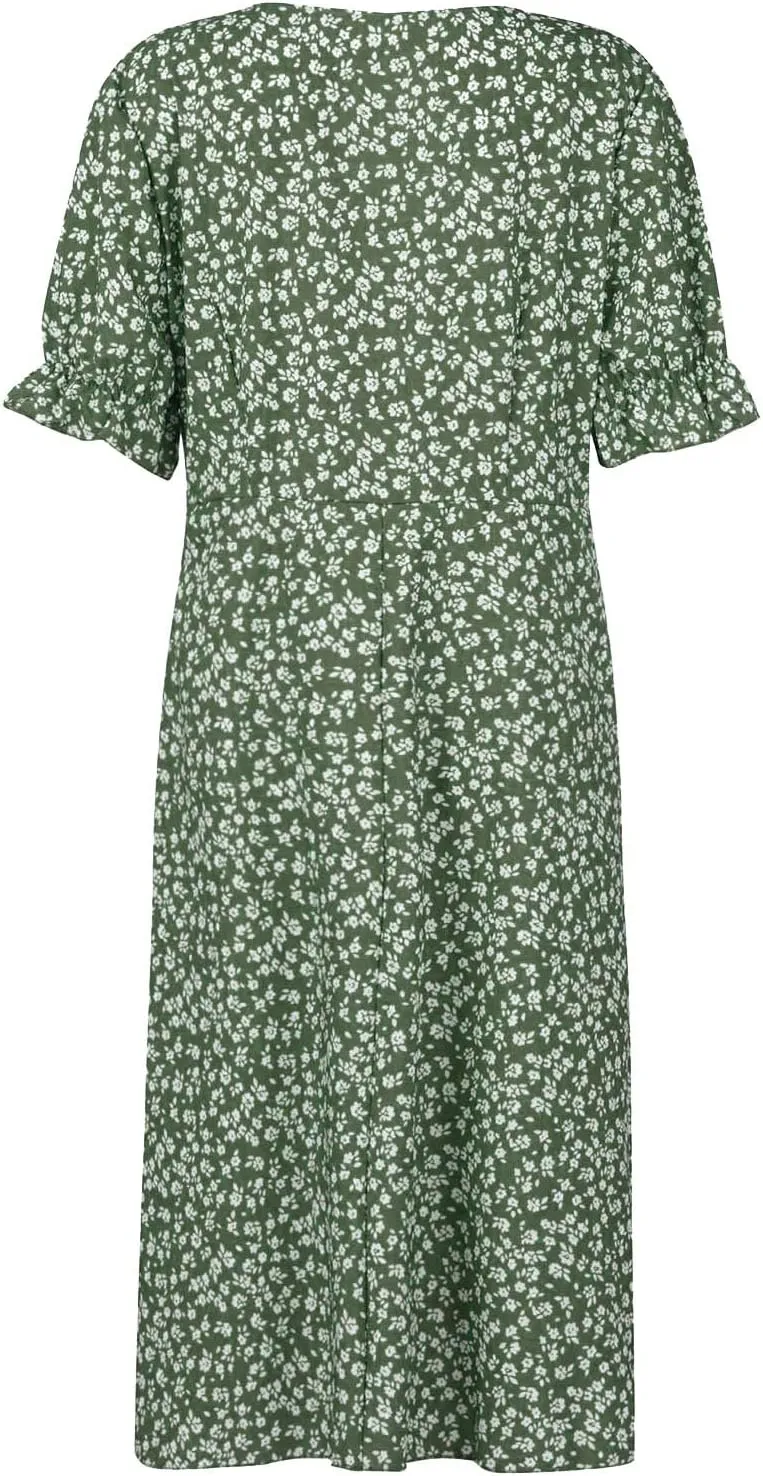 Womens Dresses Summer Wrap Midi Dresses for Women Puff Sleeve Summer Dresses Casual Loose Floor Length