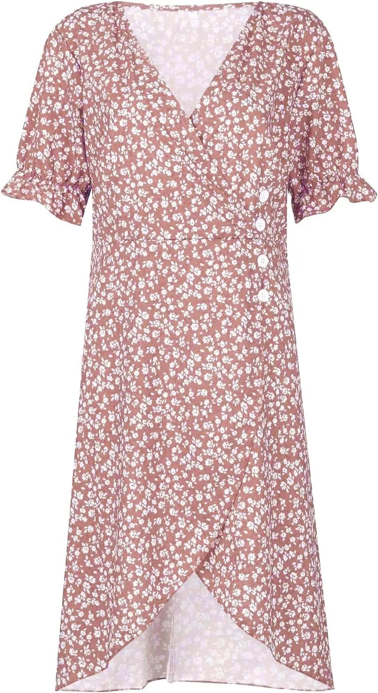 Womens Dresses Summer Wrap Midi Dresses for Women Puff Sleeve Summer Dresses Casual Loose Floor Length