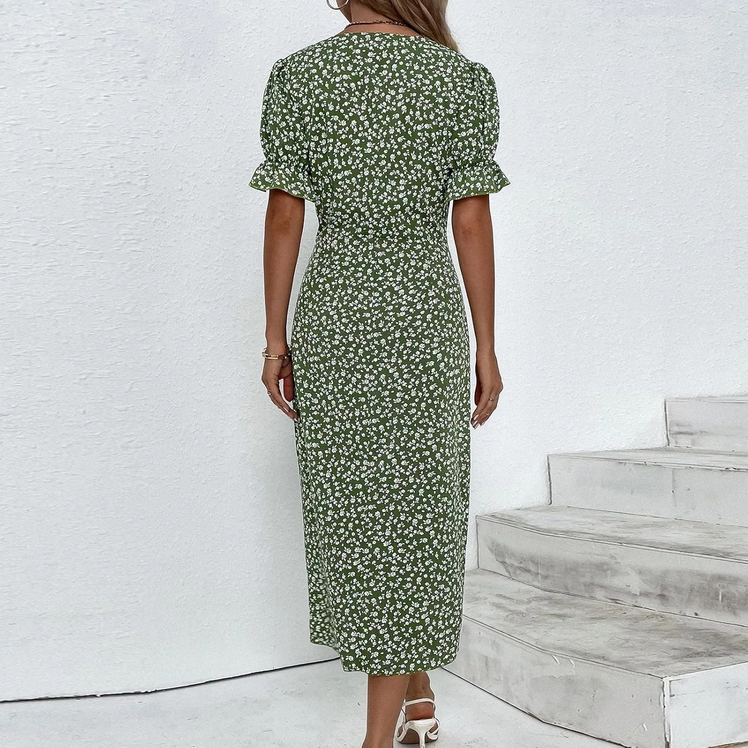 Womens Dresses Summer Wrap Midi Dresses for Women Puff Sleeve Summer Dresses Casual Loose Floor Length