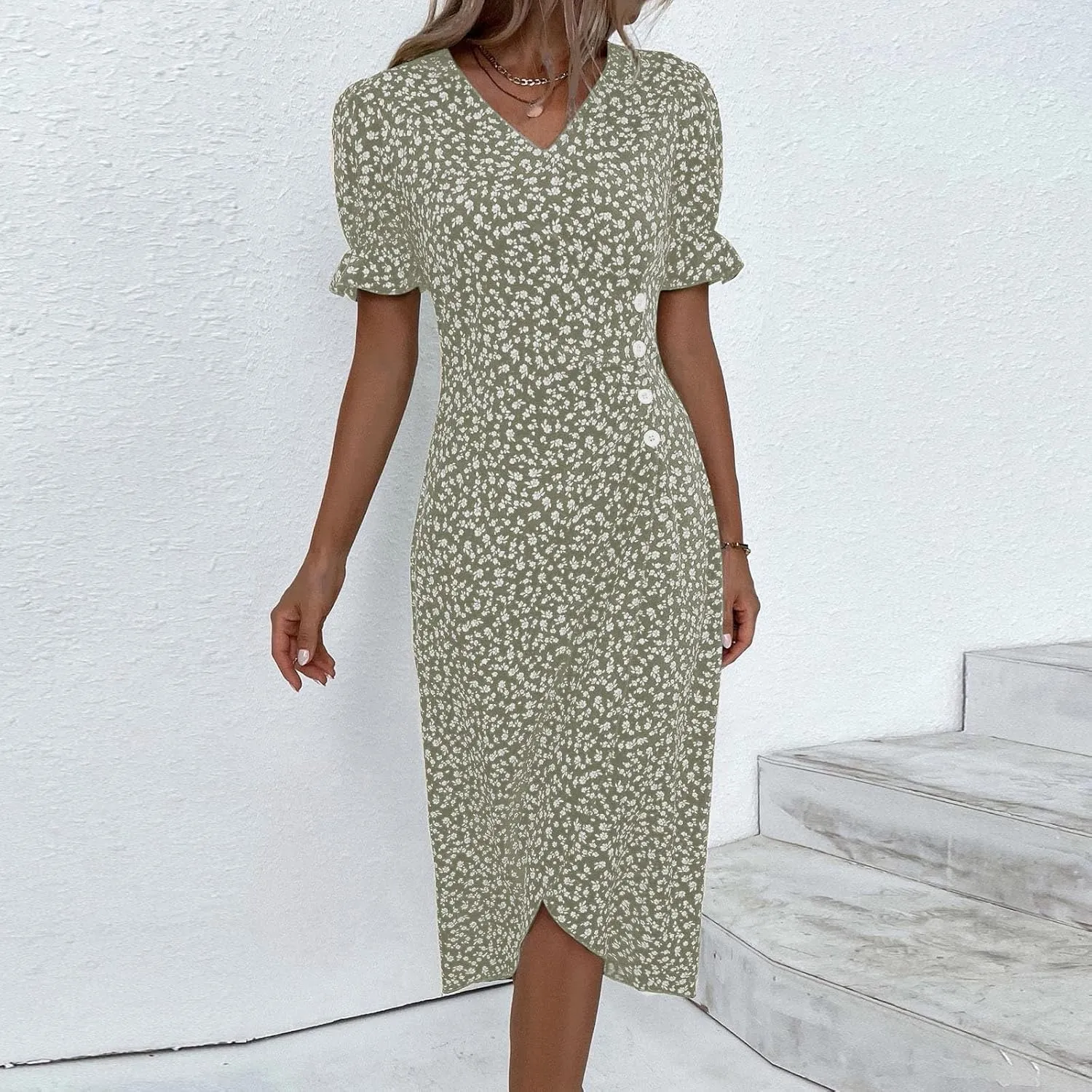 Womens Dresses Summer Wrap Midi Dresses for Women Puff Sleeve Summer Dresses Casual Loose Floor Length
