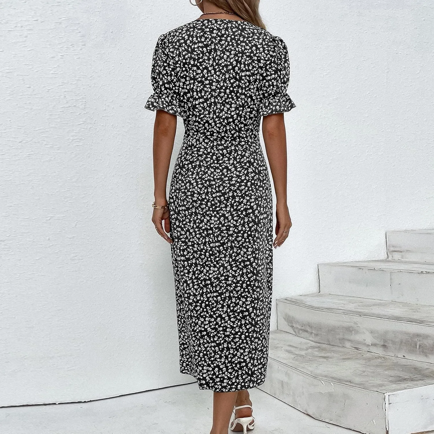 Womens Dresses Summer Wrap Midi Dresses for Women Puff Sleeve Summer Dresses Casual Loose Floor Length