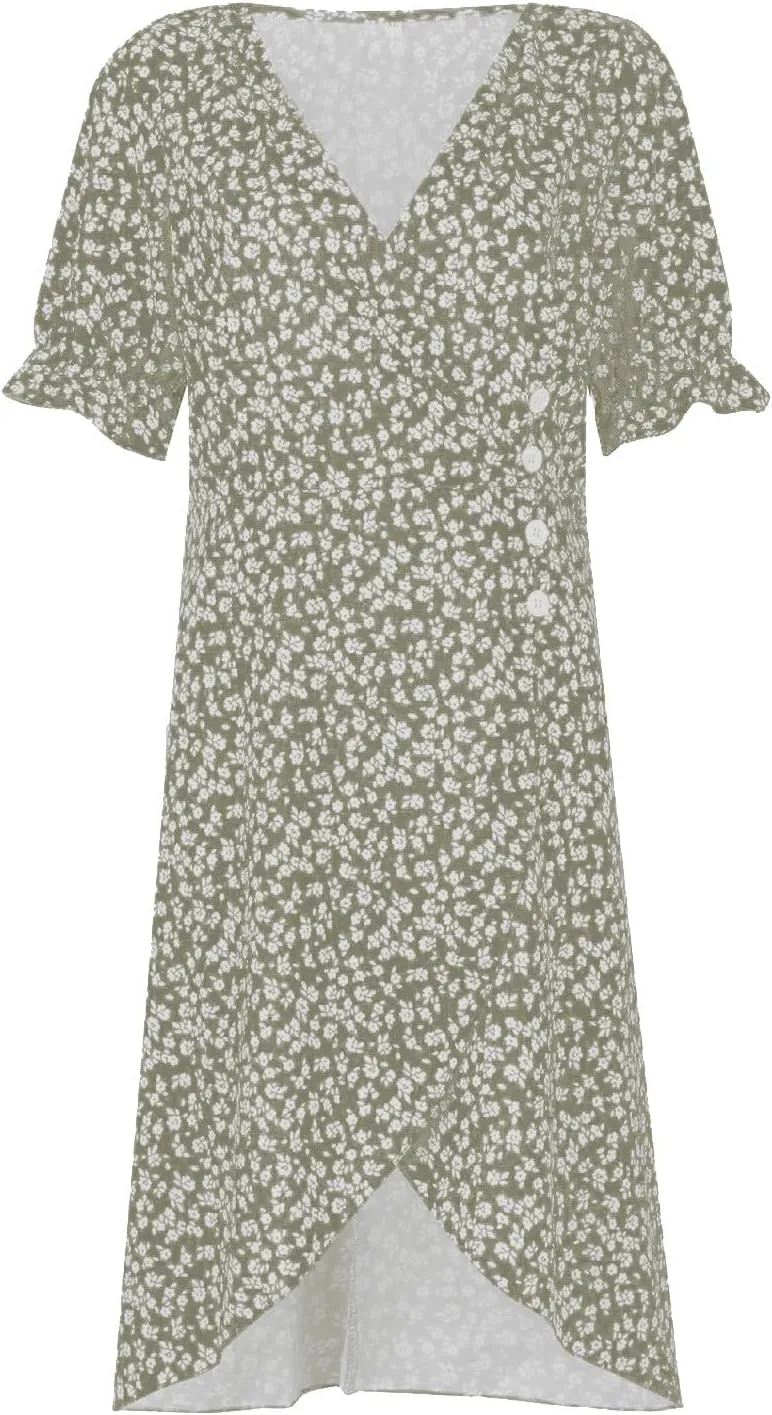 Womens Dresses Summer Wrap Midi Dresses for Women Puff Sleeve Summer Dresses Casual Loose Floor Length