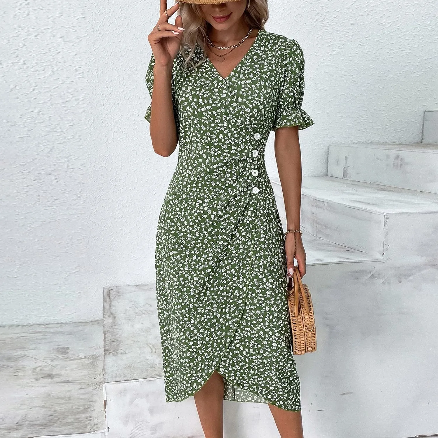 Womens Dresses Summer Wrap Midi Dresses for Women Puff Sleeve Summer Dresses Casual Loose Floor Length