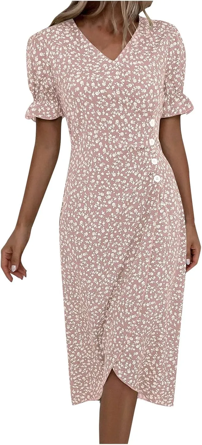 Womens Dresses Summer Wrap Midi Dresses for Women Puff Sleeve Summer Dresses Casual Loose Floor Length