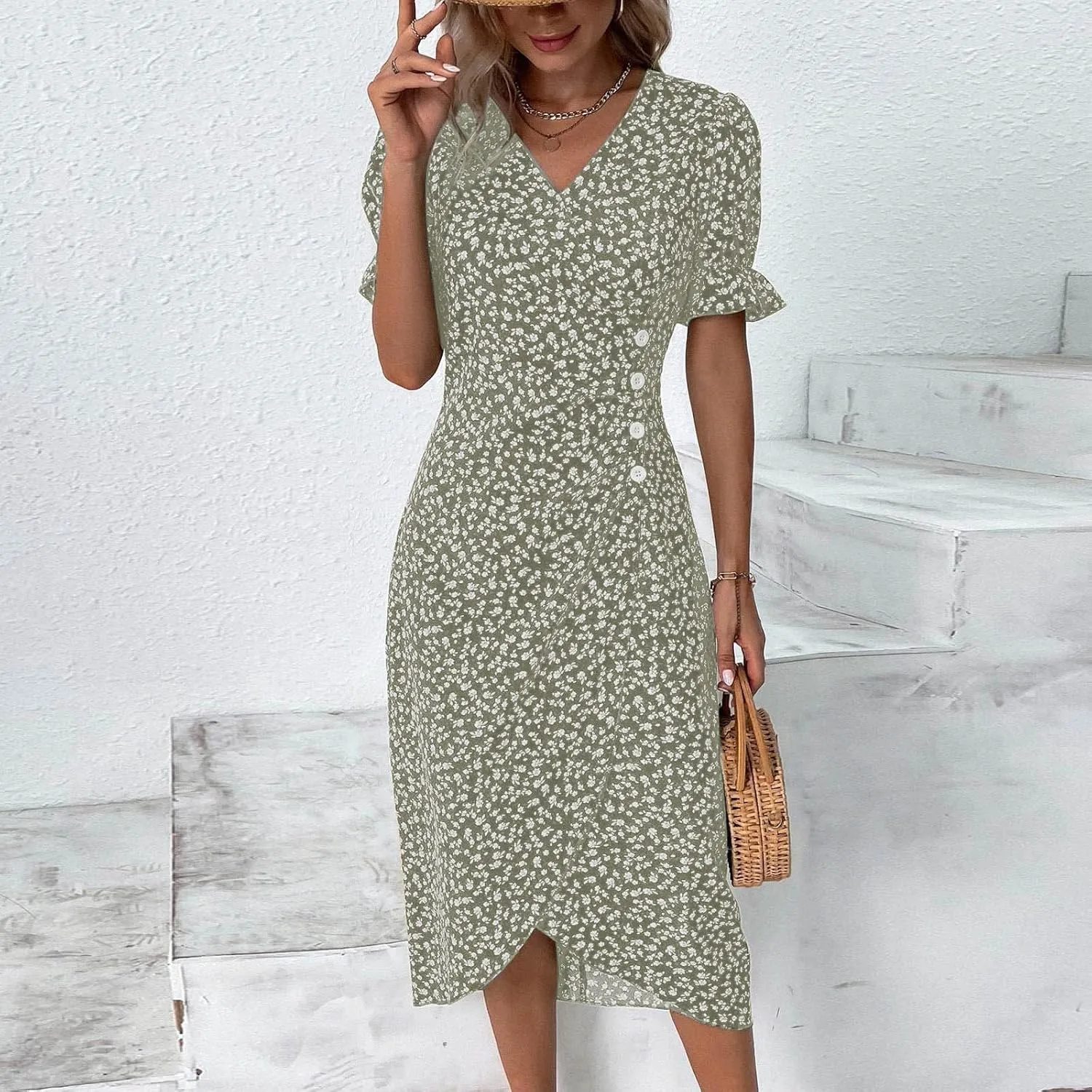 Womens Dresses Summer Wrap Midi Dresses for Women Puff Sleeve Summer Dresses Casual Loose Floor Length