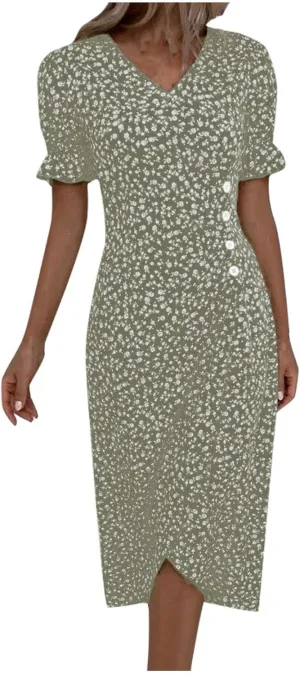 Womens Dresses Summer Wrap Midi Dresses for Women Puff Sleeve Summer Dresses Casual Loose Floor Length