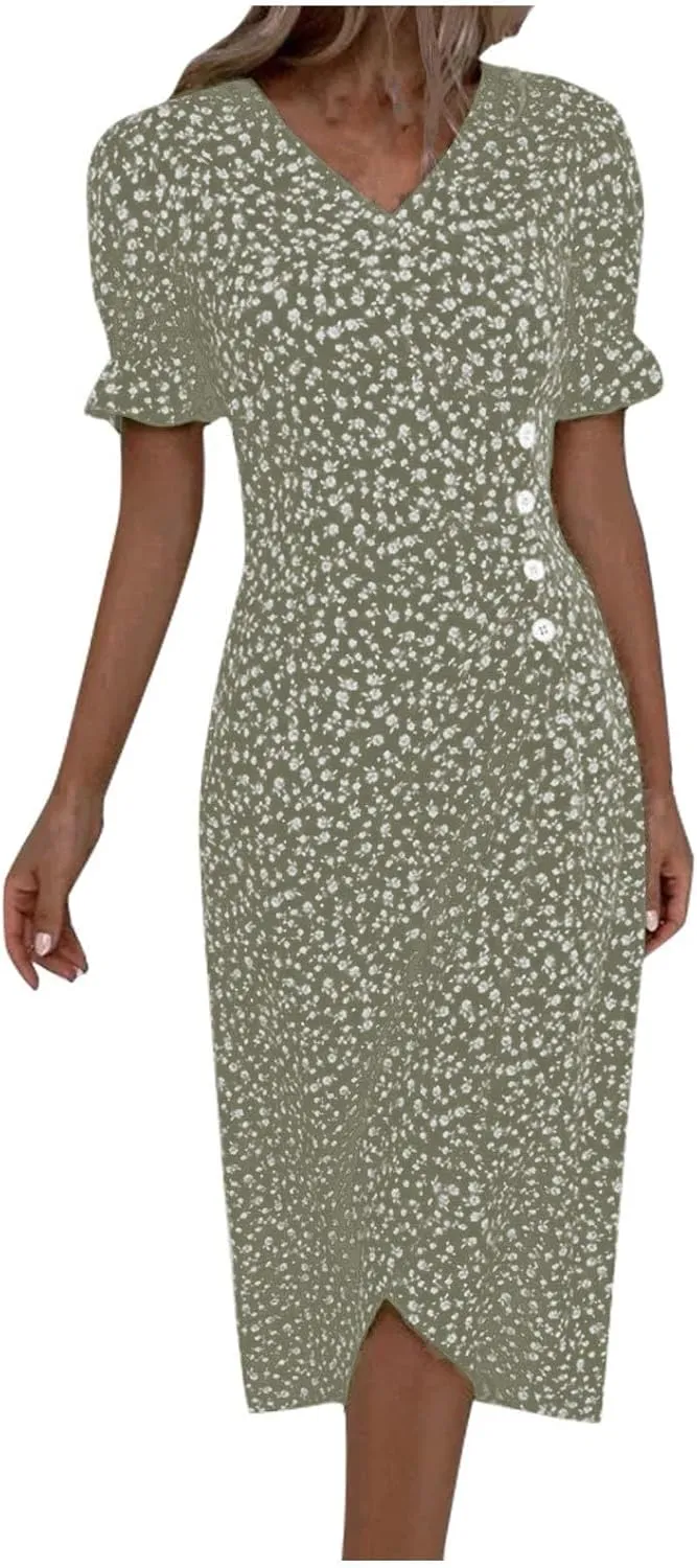 Womens Dresses Summer Wrap Midi Dresses for Women Puff Sleeve Summer Dresses Casual Loose Floor Length