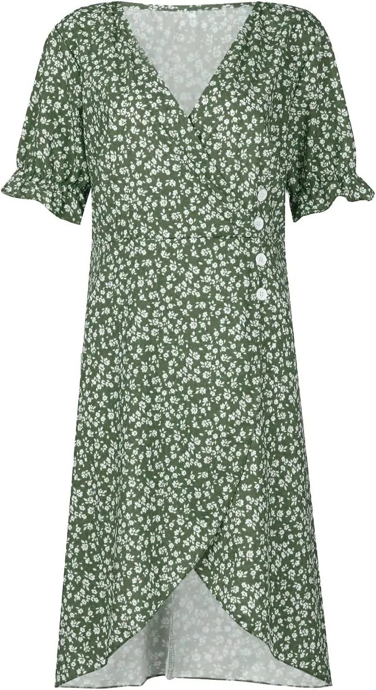 Womens Dresses Summer Wrap Midi Dresses for Women Puff Sleeve Summer Dresses Casual Loose Floor Length
