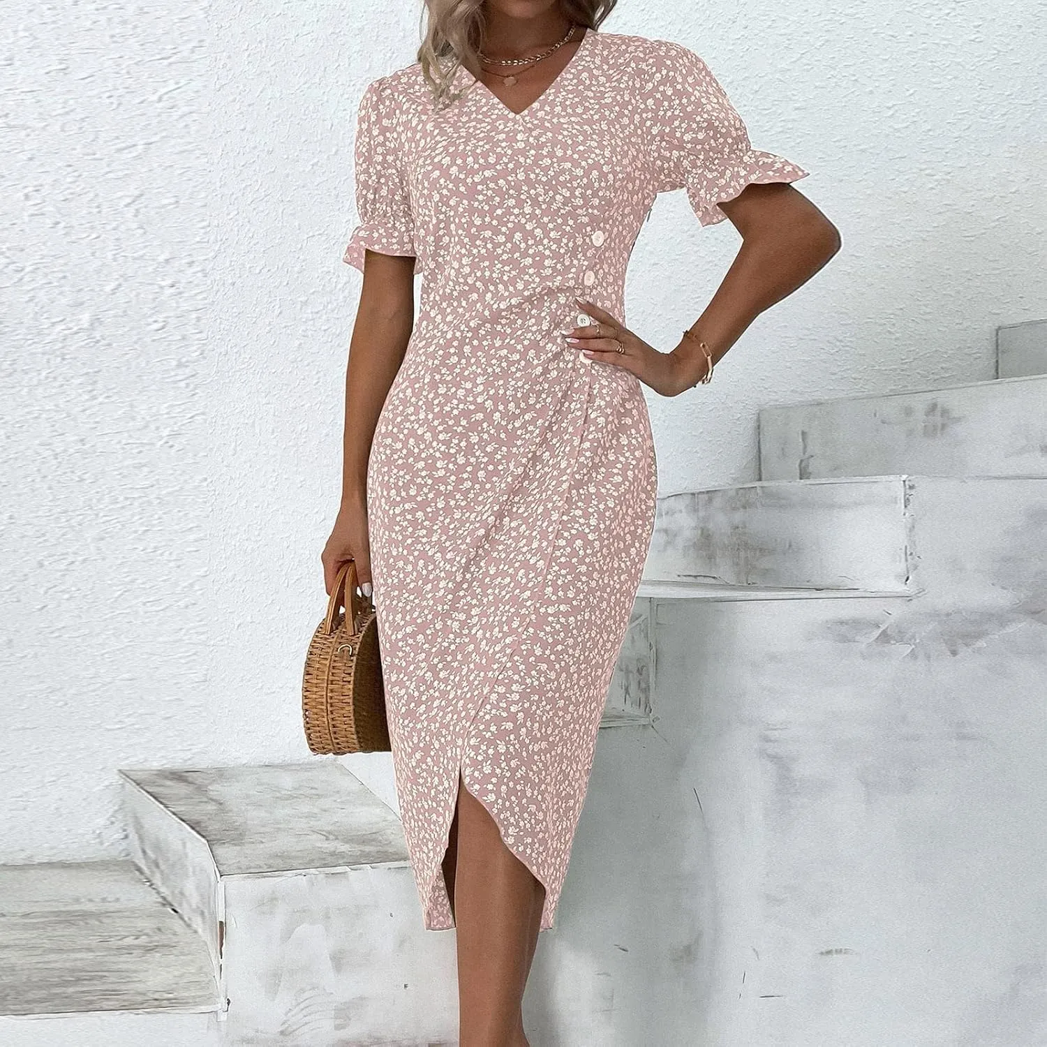 Womens Dresses Summer Wrap Midi Dresses for Women Puff Sleeve Summer Dresses Casual Loose Floor Length