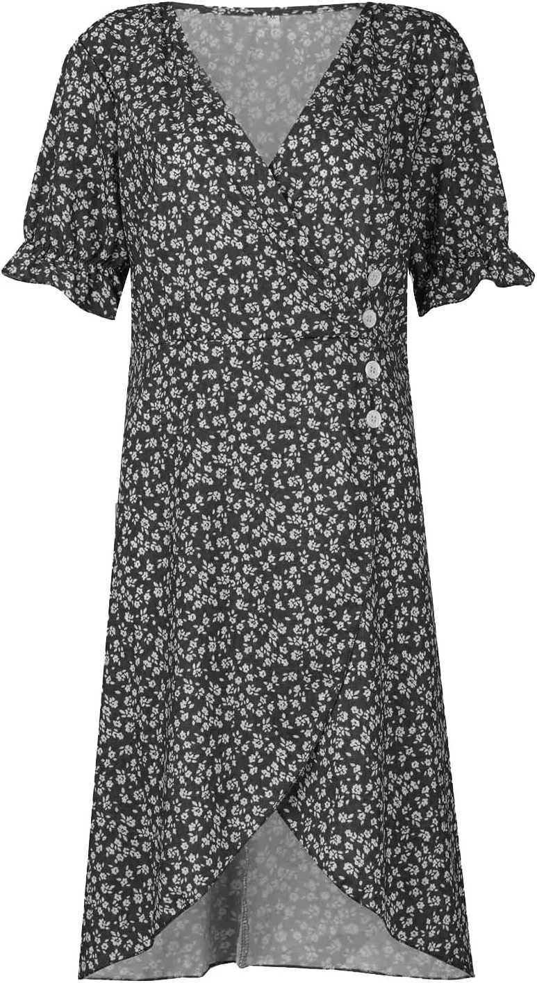 Womens Dresses Summer Wrap Midi Dresses for Women Puff Sleeve Summer Dresses Casual Loose Floor Length