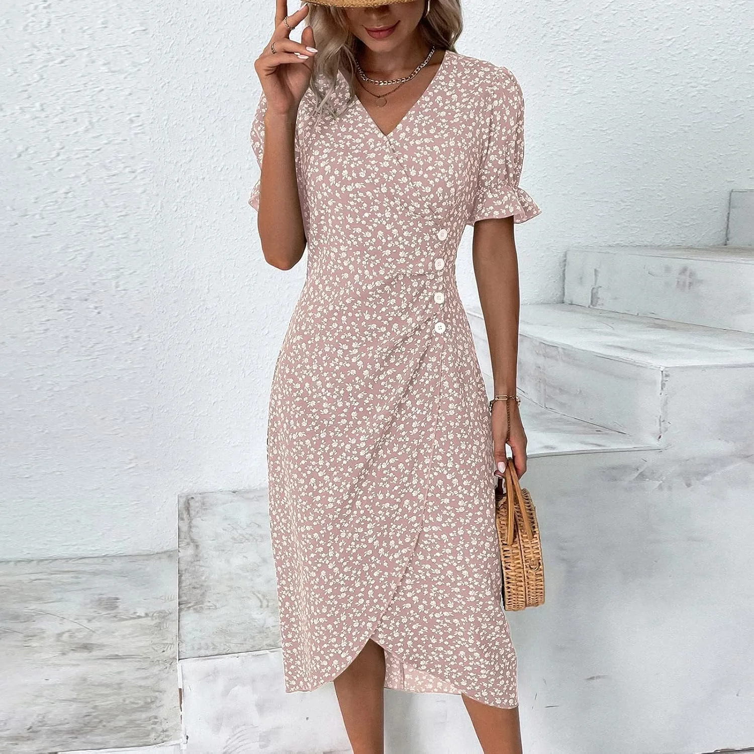 Womens Dresses Summer Wrap Midi Dresses for Women Puff Sleeve Summer Dresses Casual Loose Floor Length