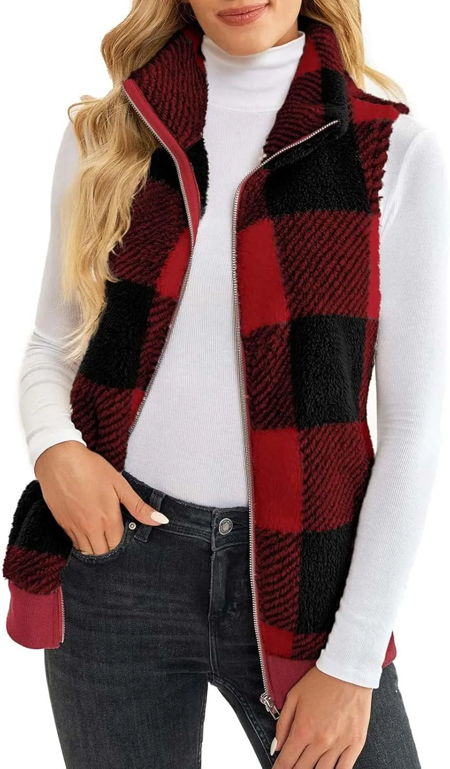 Womens Fashion Plaid Fleece Vest Casual Fuzzy Sleeveless Fuzzy Sherpa Vest Fluffy Zipper Jacket Warm Outerwear