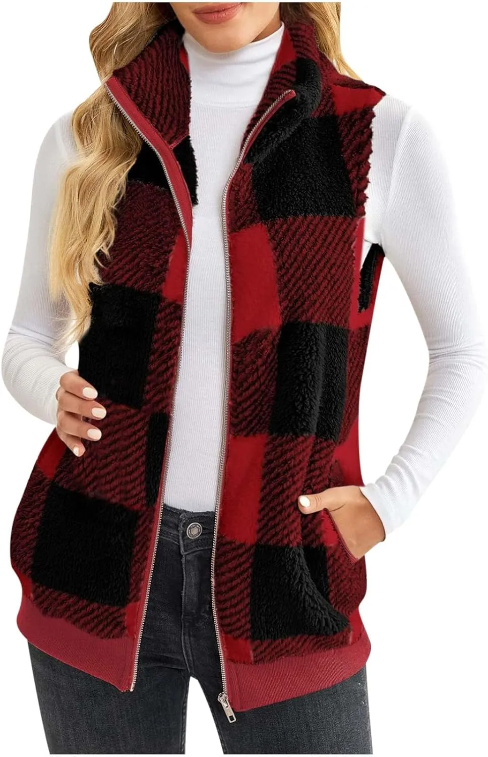Womens Fashion Plaid Fleece Vest Casual Fuzzy Sleeveless Fuzzy Sherpa Vest Fluffy Zipper Jacket Warm Outerwear
