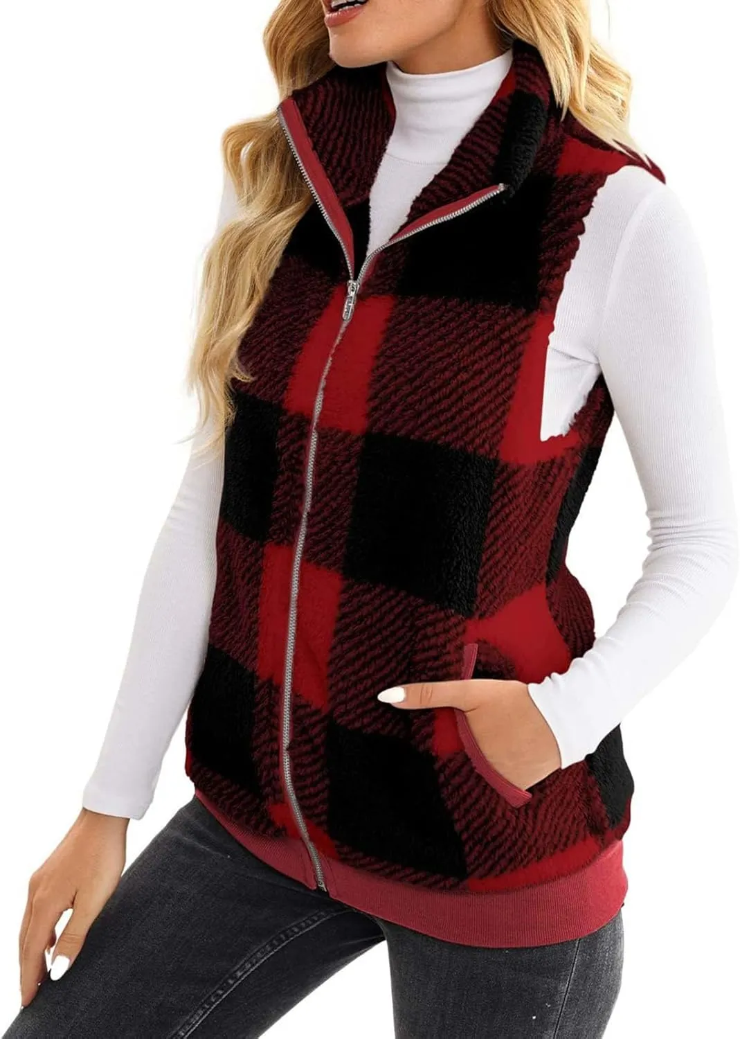 Womens Fashion Plaid Fleece Vest Casual Fuzzy Sleeveless Fuzzy Sherpa Vest Fluffy Zipper Jacket Warm Outerwear