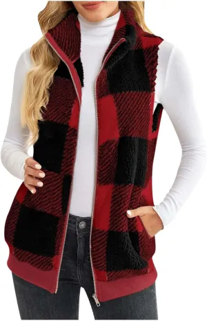 Womens Fashion Plaid Fleece Vest Casual Fuzzy Sleeveless Fuzzy Sherpa Vest Fluffy Zipper Jacket Warm Outerwear