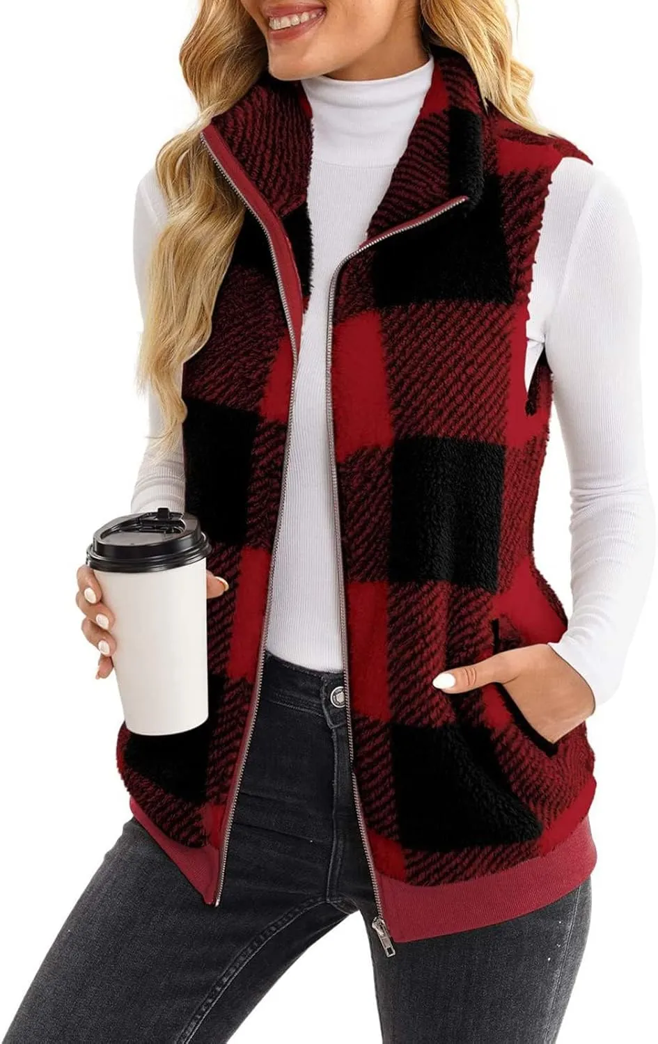 Womens Fashion Plaid Fleece Vest Casual Fuzzy Sleeveless Fuzzy Sherpa Vest Fluffy Zipper Jacket Warm Outerwear