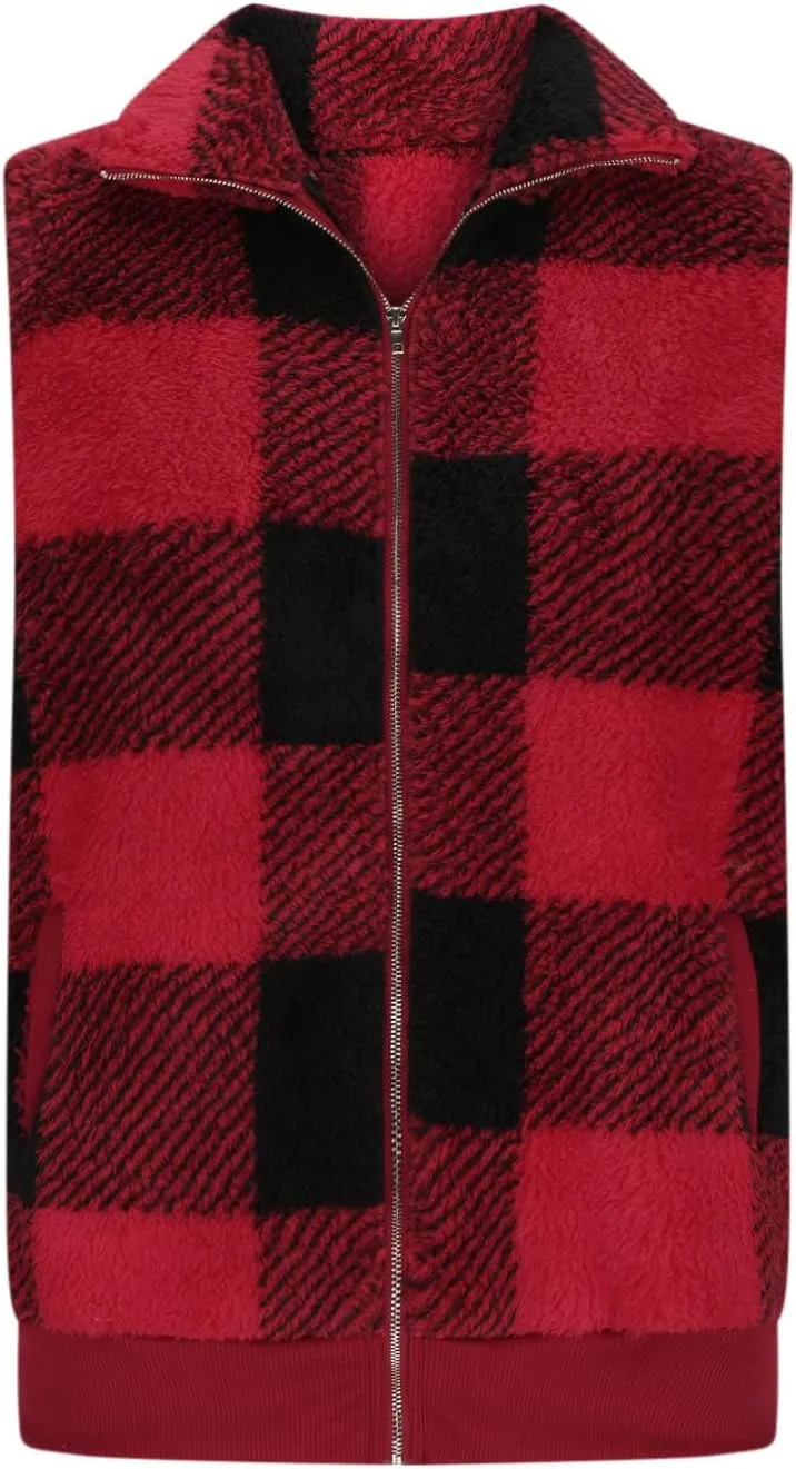 Womens Fashion Plaid Fleece Vest Casual Fuzzy Sleeveless Fuzzy Sherpa Vest Fluffy Zipper Jacket Warm Outerwear