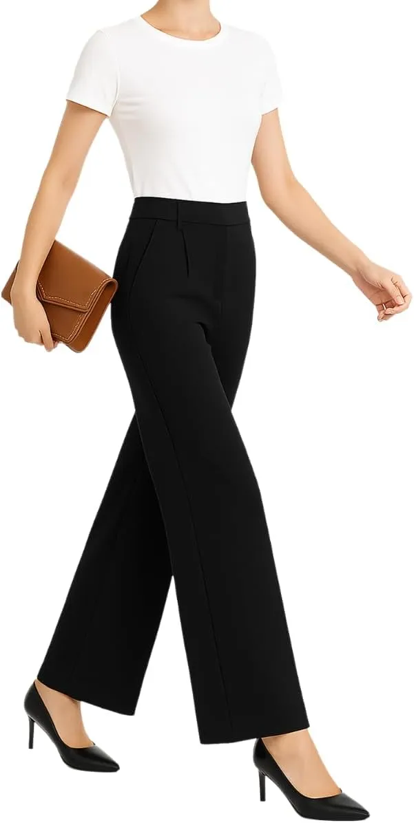 Women's High Elastic Waisted Wide Leg Pants Business Work Trousers Long Straight Suit Pants