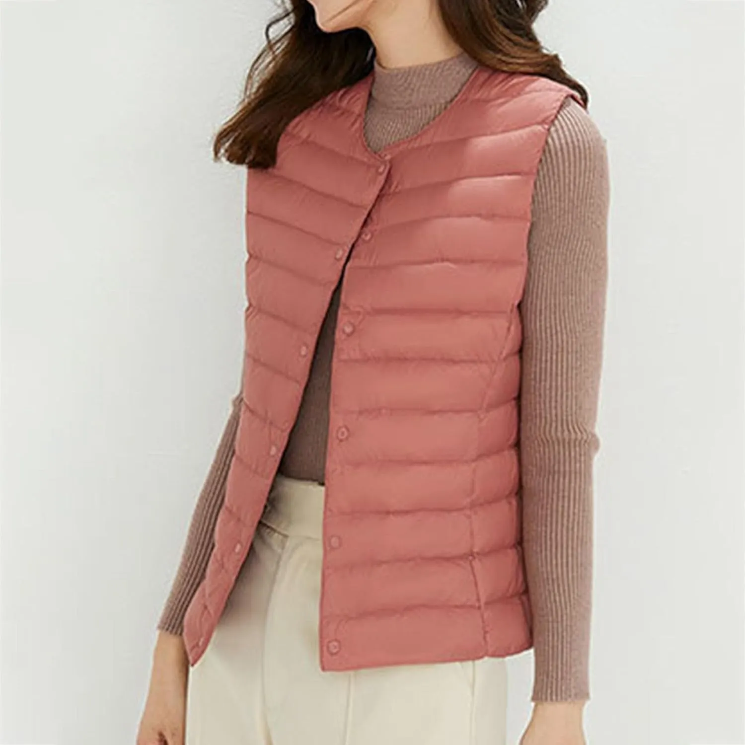 Womens Lightweight Vest Fashion Simple Solid V Neck Button Sleeveless Puffer Down Jacket Winter Casual Versatile Waistcoat