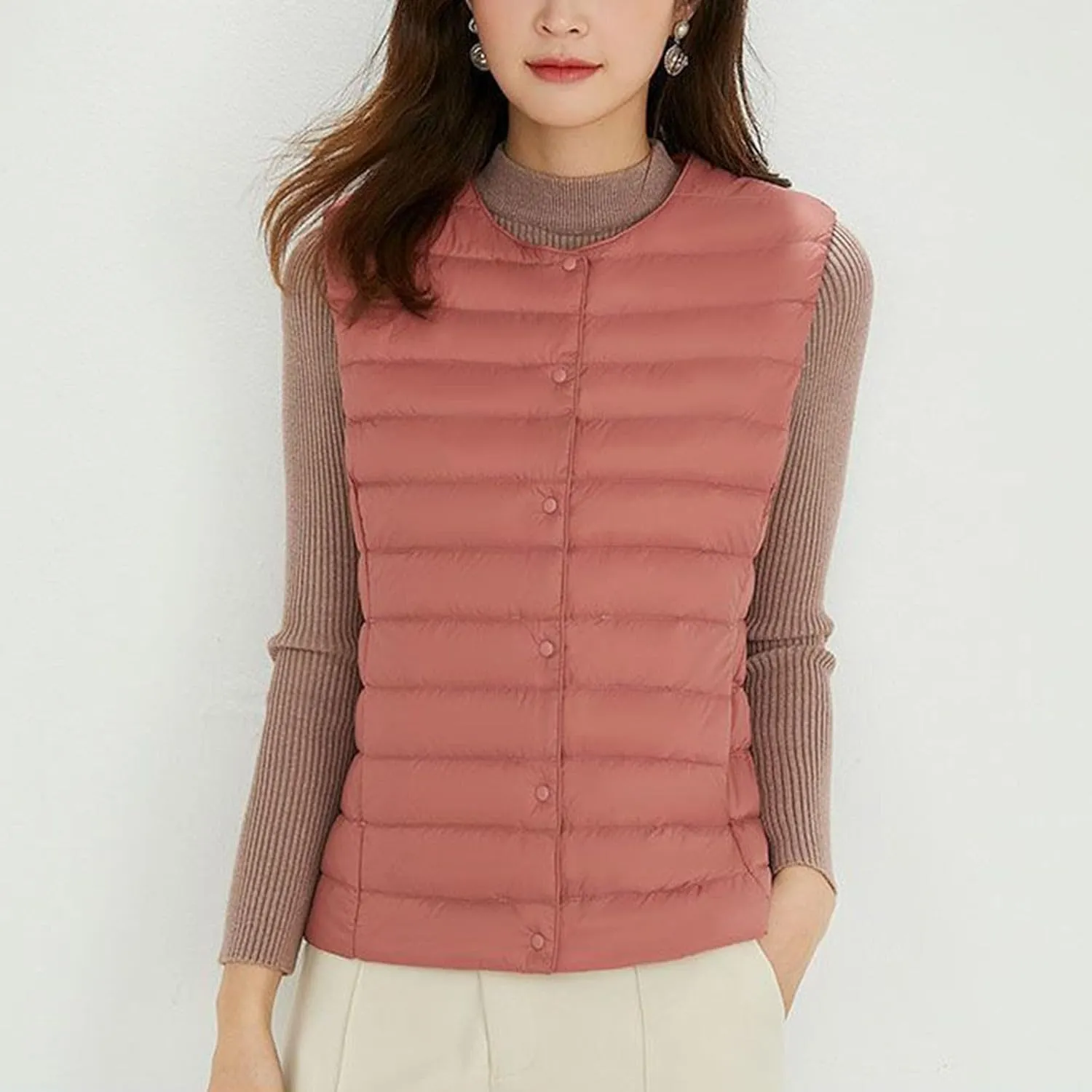 Womens Lightweight Vest Fashion Simple Solid V Neck Button Sleeveless Puffer Down Jacket Winter Casual Versatile Waistcoat