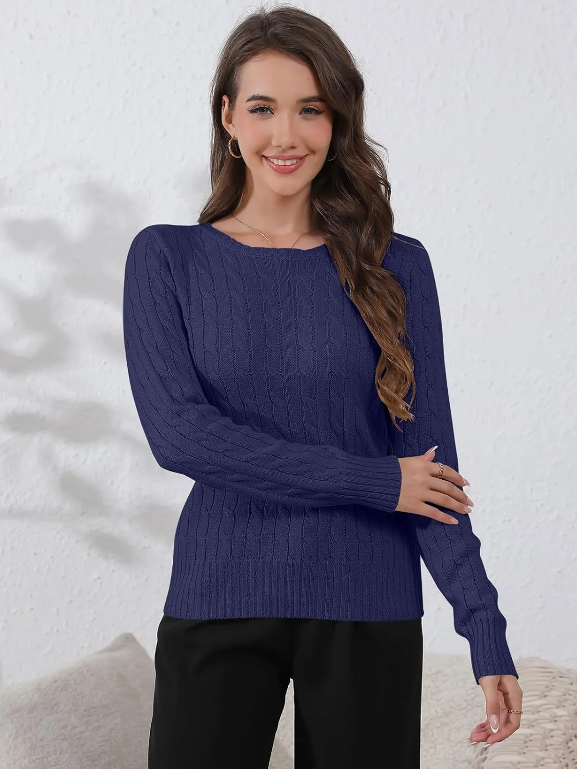 Womens Long Sleeve Cable Knit Sweater Jumper Crewneck Pullover Soft Dressy Casual Cute Tops