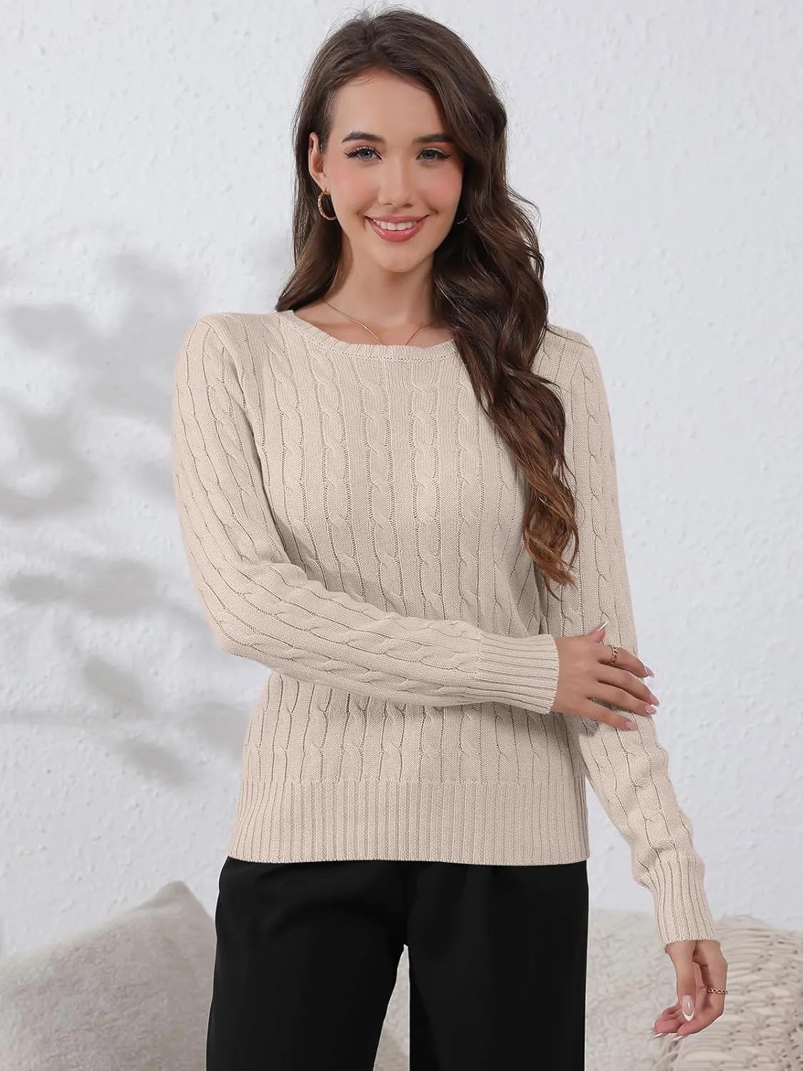 Womens Long Sleeve Cable Knit Sweater Jumper Crewneck Pullover Soft Dressy Casual Cute Tops