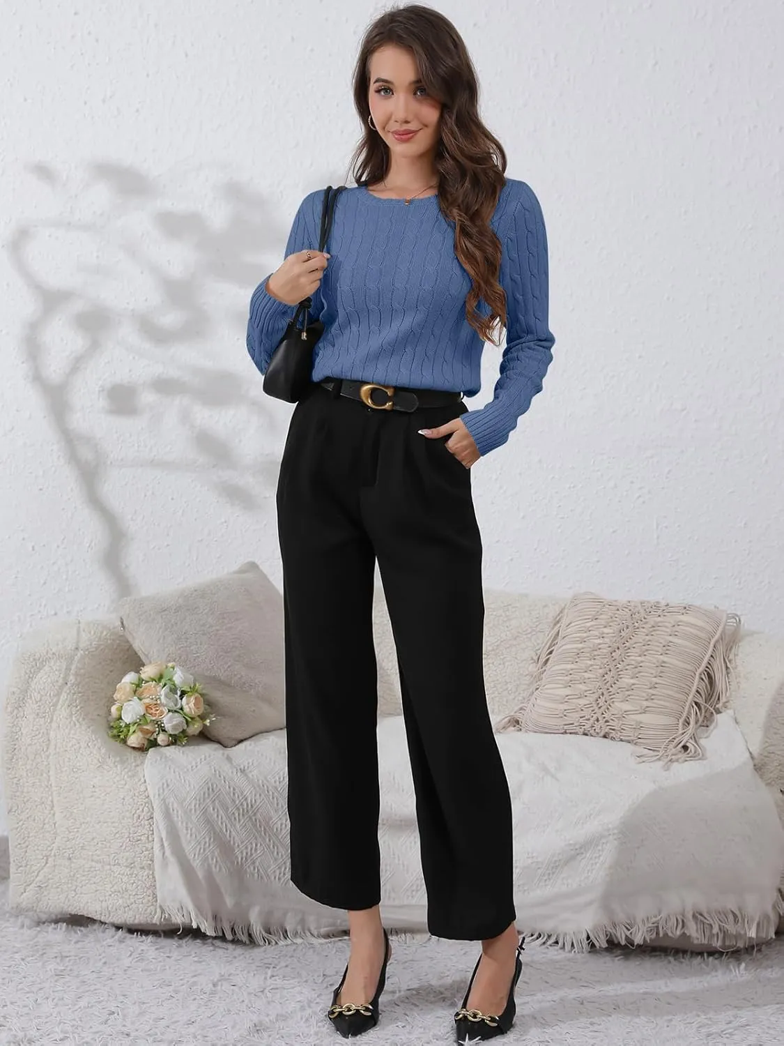 Womens Long Sleeve Cable Knit Sweater Jumper Crewneck Pullover Soft Dressy Casual Cute Tops