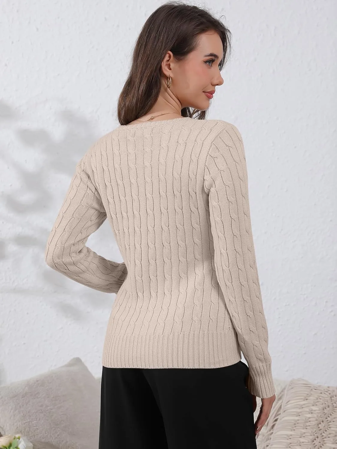 Womens Long Sleeve Cable Knit Sweater Jumper Crewneck Pullover Soft Dressy Casual Cute Tops