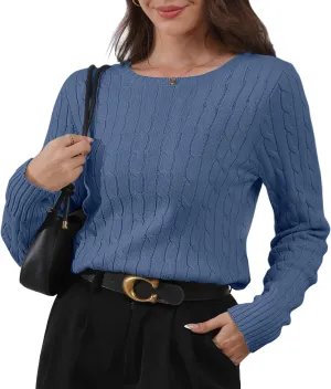 Womens Long Sleeve Cable Knit Sweater Jumper Crewneck Pullover Soft Dressy Casual Cute Tops
