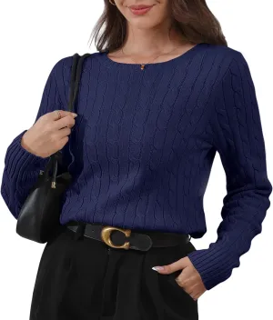 Womens Long Sleeve Cable Knit Sweater Jumper Crewneck Pullover Soft Dressy Casual Cute Tops