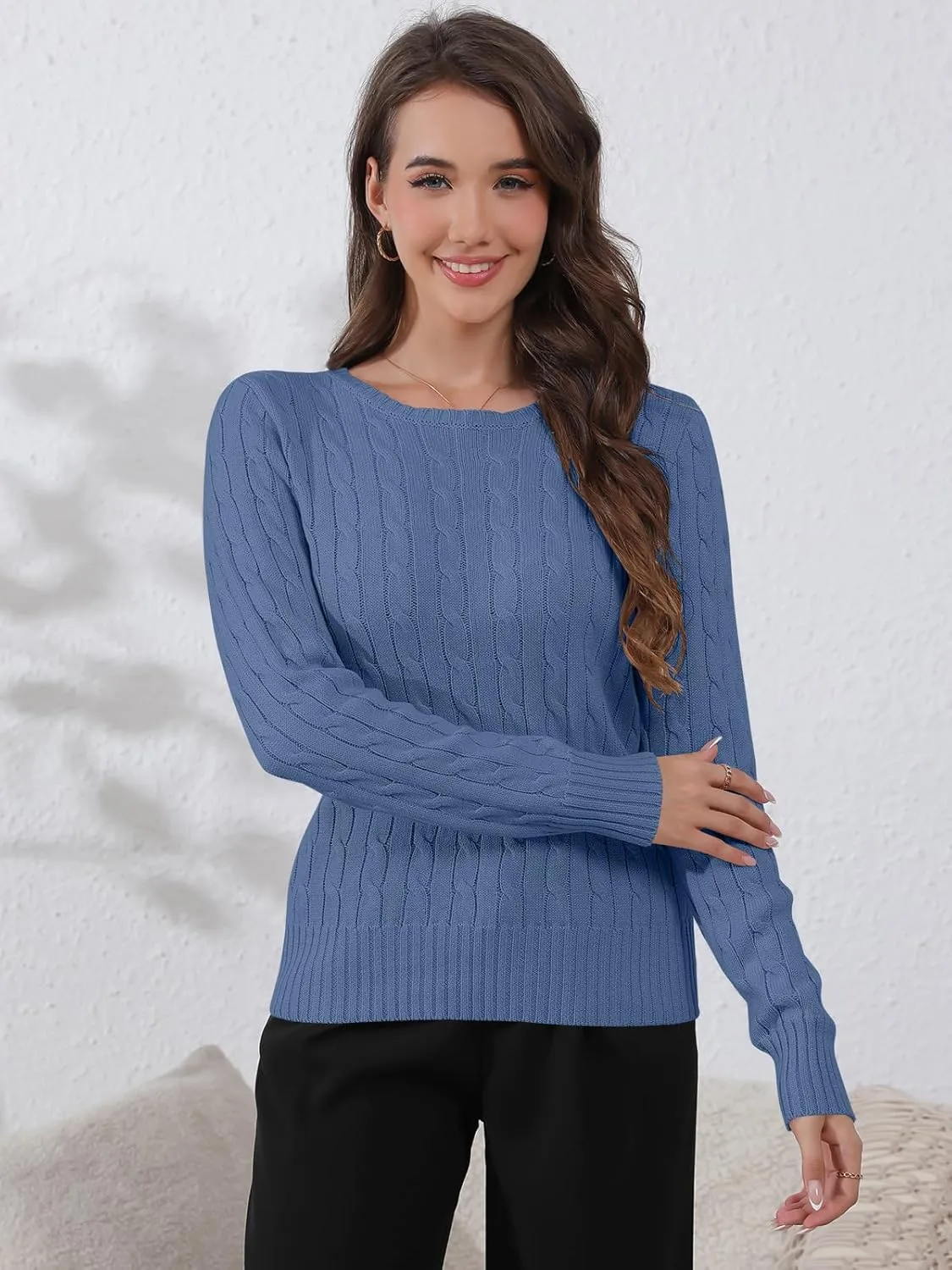 Womens Long Sleeve Cable Knit Sweater Jumper Crewneck Pullover Soft Dressy Casual Cute Tops