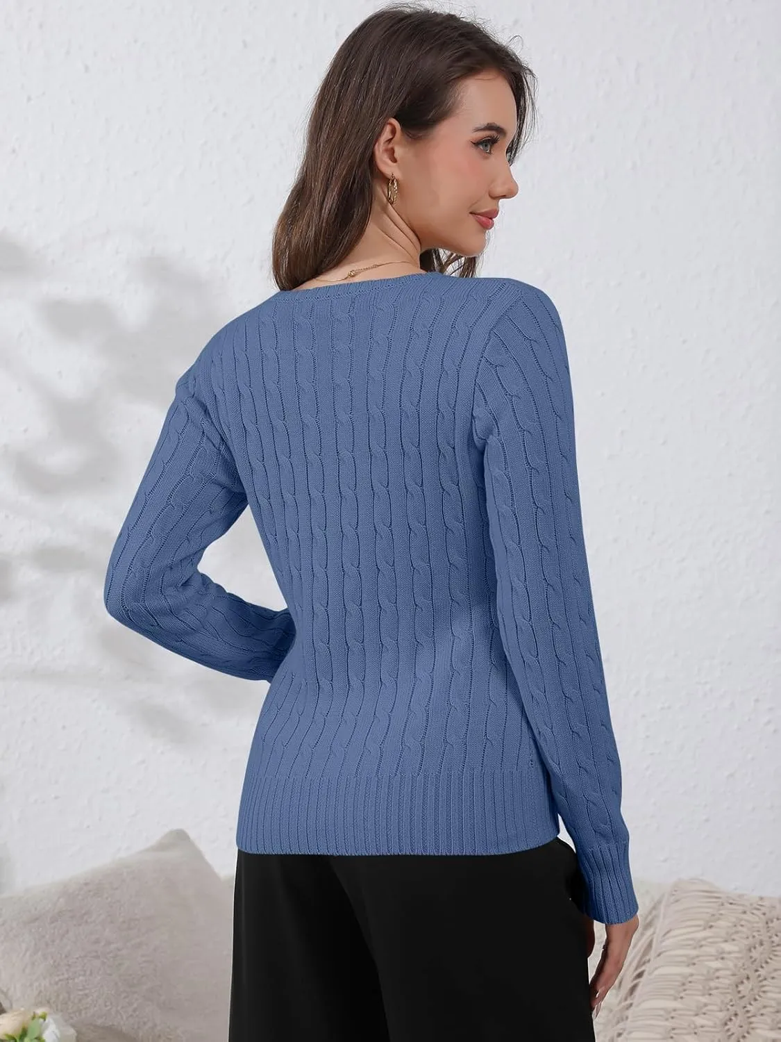 Womens Long Sleeve Cable Knit Sweater Jumper Crewneck Pullover Soft Dressy Casual Cute Tops