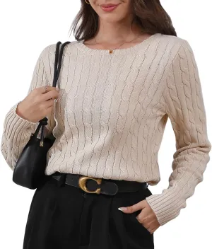 Womens Long Sleeve Cable Knit Sweater Jumper Crewneck Pullover Soft Dressy Casual Cute Tops