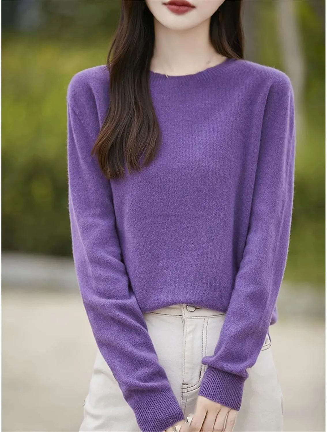 Womens Merino Wool Warm Sweaters Solid Crew-Neck Jumpers Long-Sleeve Casual Slim Pullovers Tops