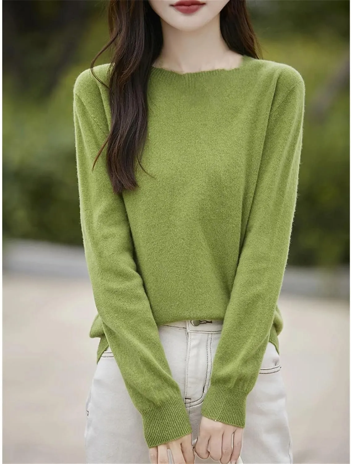 Womens Merino Wool Warm Sweaters Solid Crew-Neck Jumpers Long-Sleeve Casual Slim Pullovers Tops